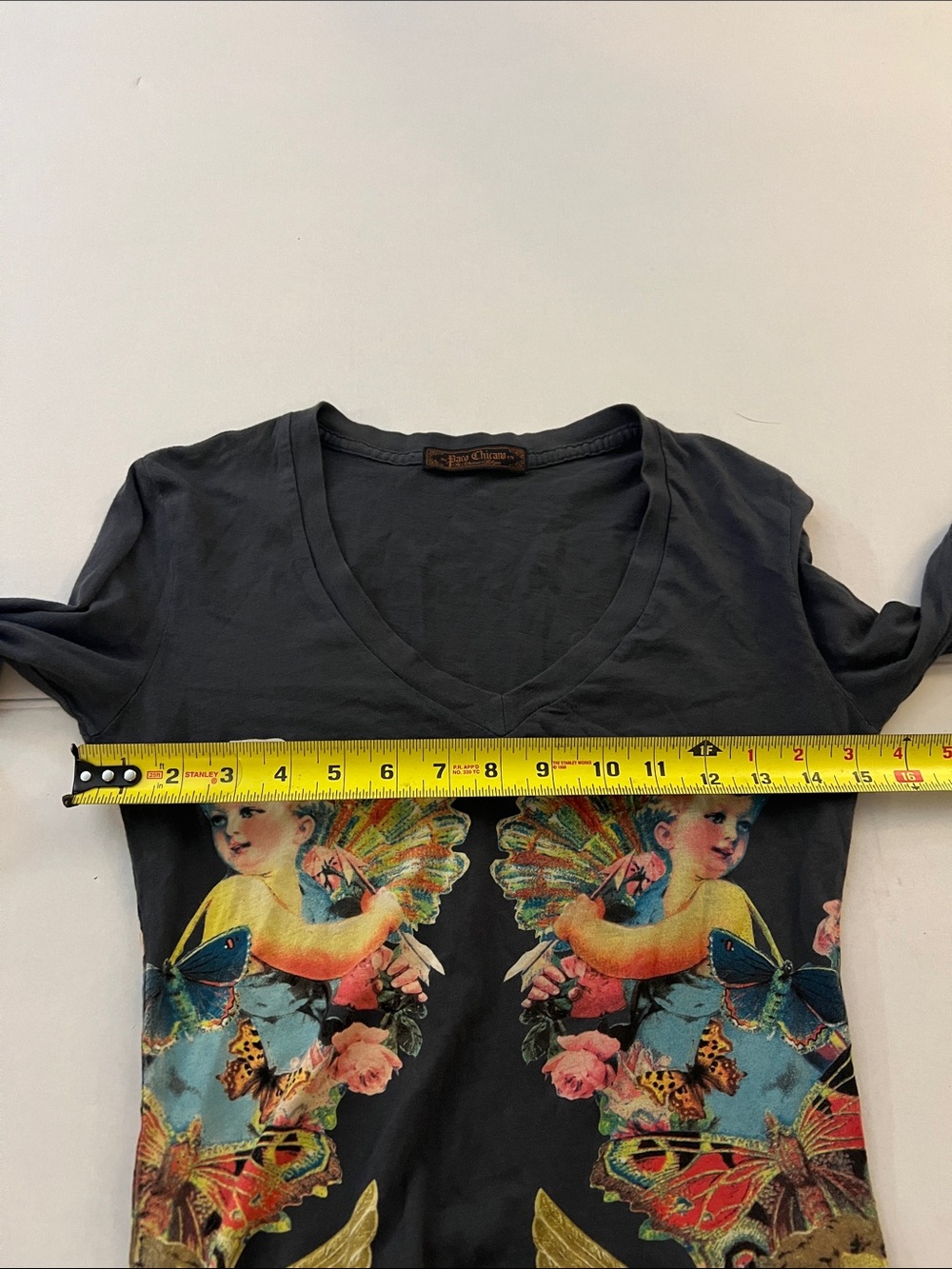 Vintage Y2K Christian Audigier Paco Chicano Black Cherub Cotton top Size XS - Picture 9 of 13